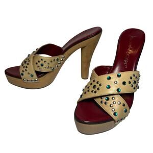 Jean-Michel Cazabat Platform Sandals Tan Leather Rhinestone 5 Inch Heel Sz 7.5